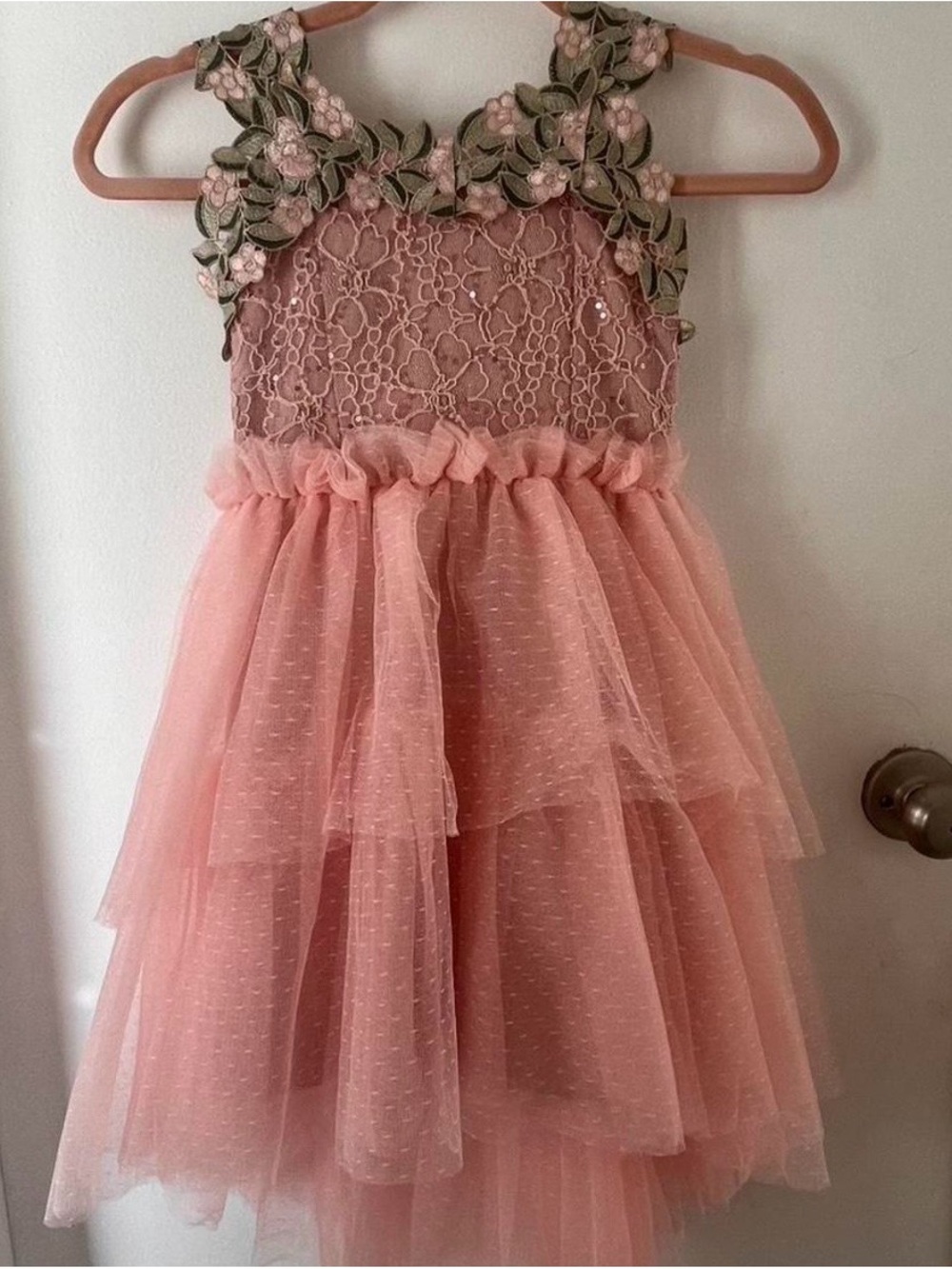 Joyfolie Girls Floral Appliqué Pink Lace Tulle Dress